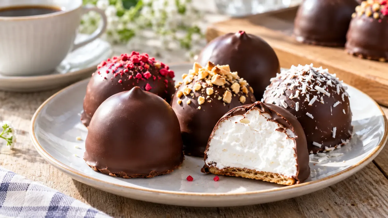 Những chiếc bánh Flødeboller phủ chocolate nâu bóng với phần đế tròn và hình chóp trang trí ngộ nghĩnh.