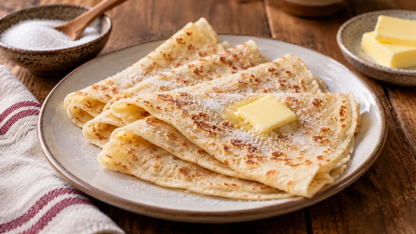 Những chiếc bánh Lefse Na Uy mềm, cán mỏng và gấp lại trên đĩa, dùng kèm bơ và đường.