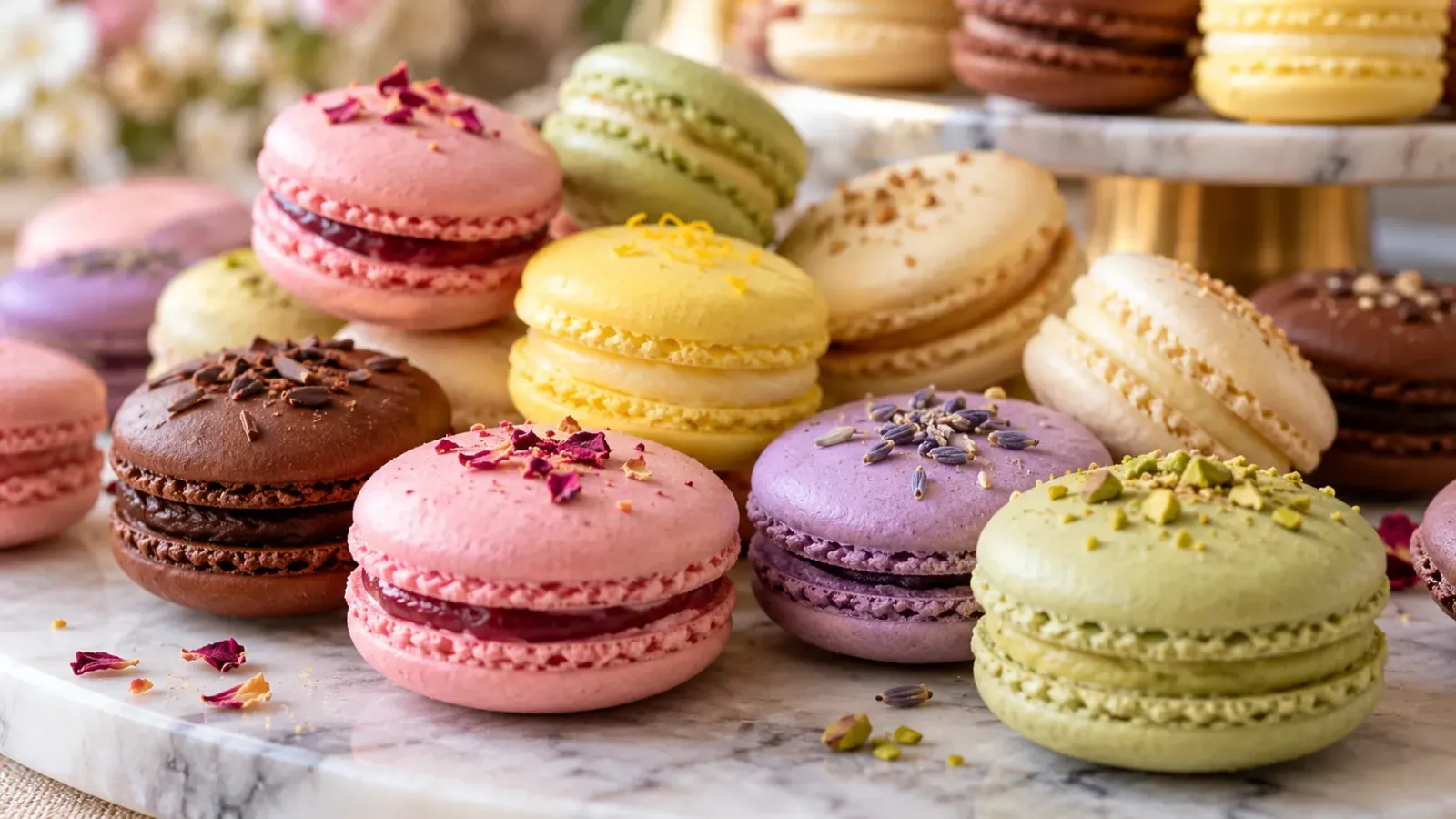 Những chiếc bánh macaron Pháp nhiều màu sắc với hai lớp vỏ hạnh nhân kẹp nhân mềm