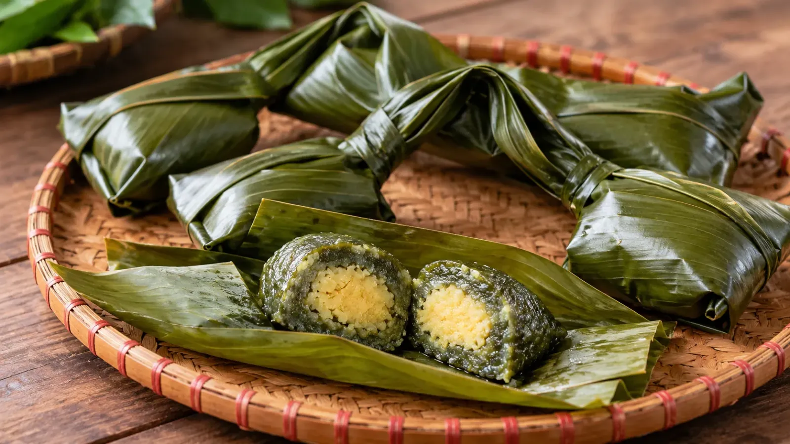 Những chiếc bánh vắt vai truyền thống của người Cao Lan được gói bằng lá chuối, bên cạnh một chiếc bánh mở ra để thấy phần nếp và nhân đậu xanh.