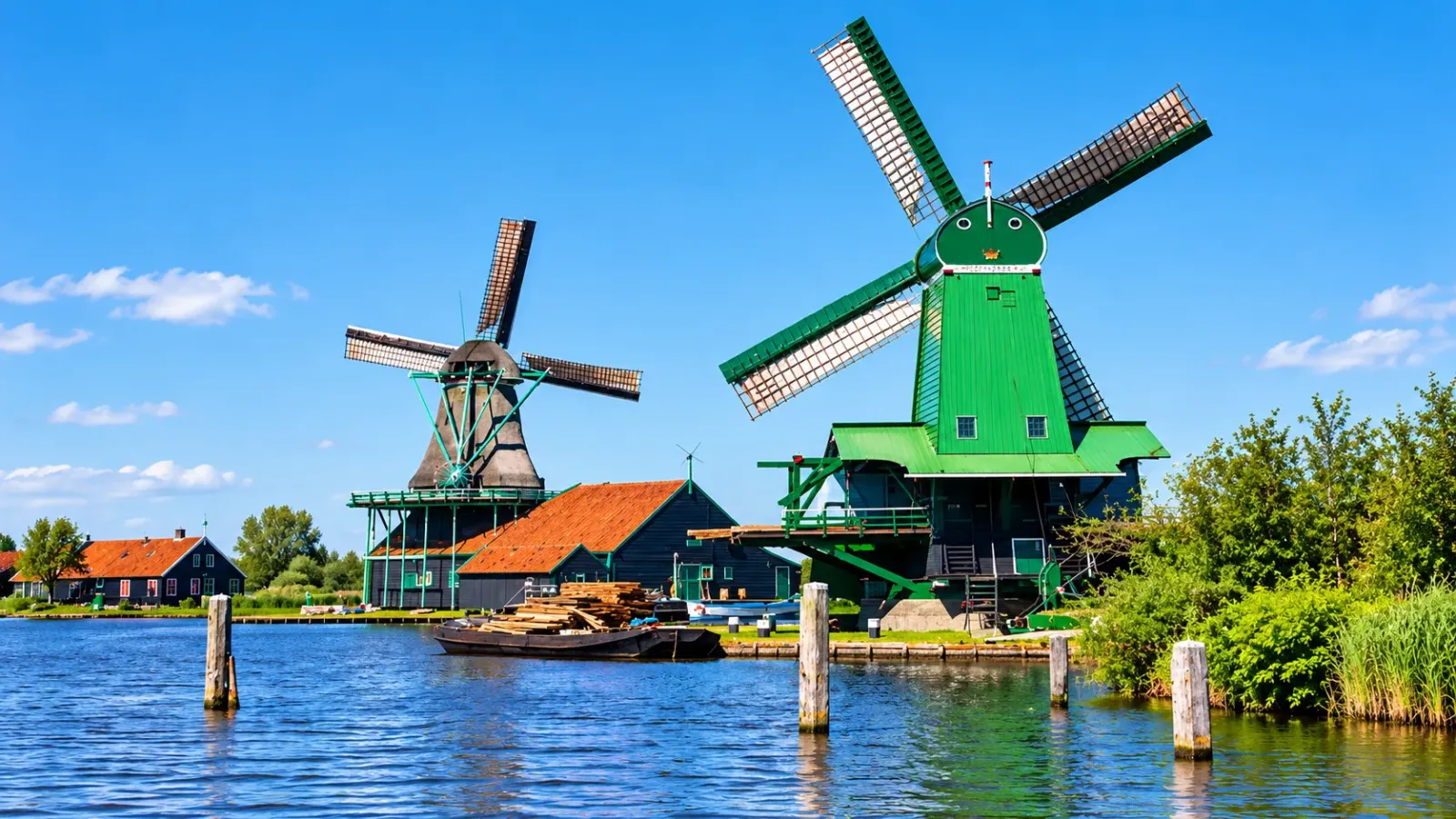 Những chiếc cối xay gió và nhà gỗ truyền thống tại làng Zaanse Schans Hà Lan