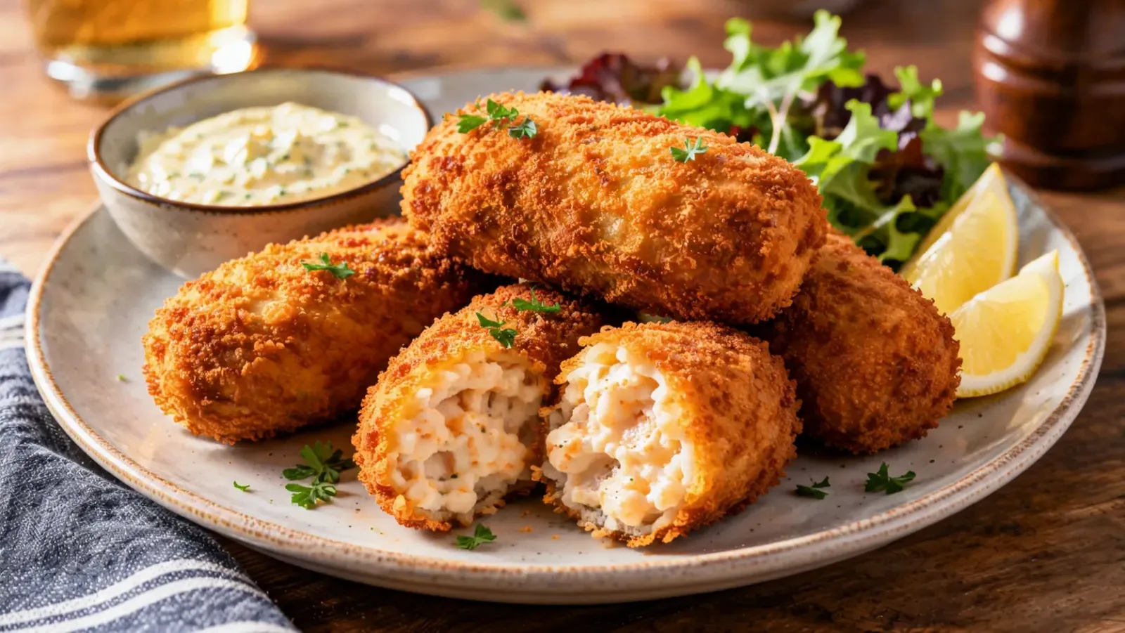 Bánh croquette chiên vàng với lớp vỏ giòn và phần nhân mềm kiểu Bỉ.