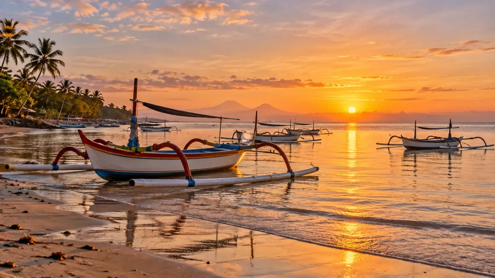 Những chiếc thuyền jukung truyền thống trên bãi biển Sanur ở Bali lúc bình minh
