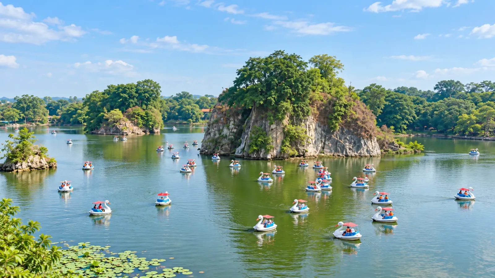 Những chiếc thuyền thiên nga trên hồ Long Ẩn, phía sau là cồn đá lớn phủ cây xanh tại Khu du lịch Bửu Long Đồng Nai