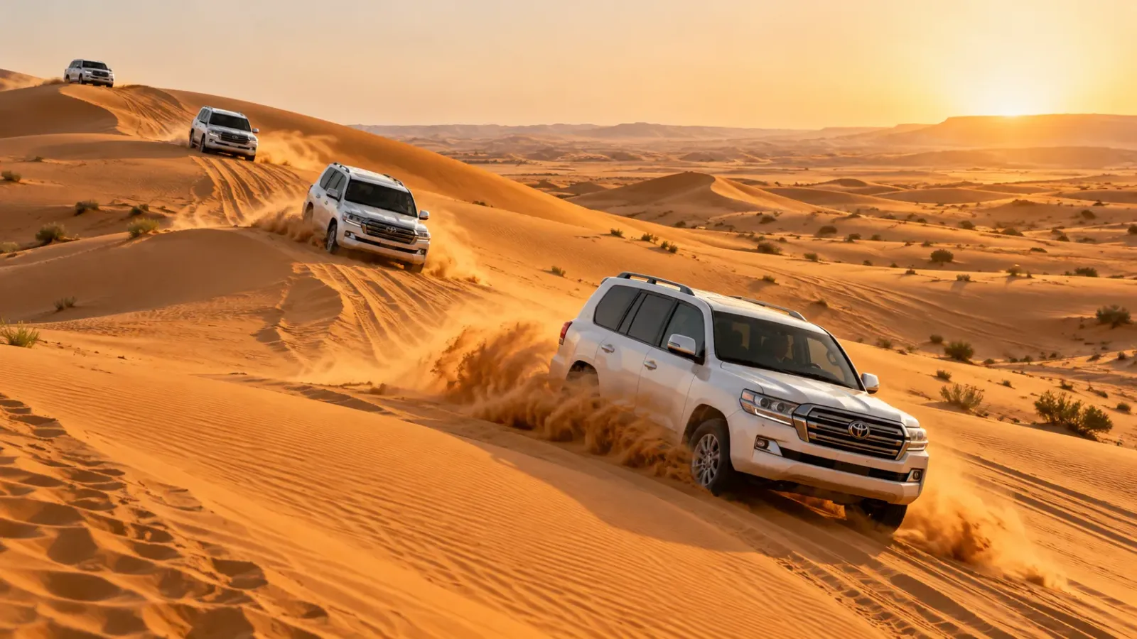 Những chiếc xe địa hình màu trắng vượt qua các đụn cát vàng trong chuyến safari sa mạc tại Dubai