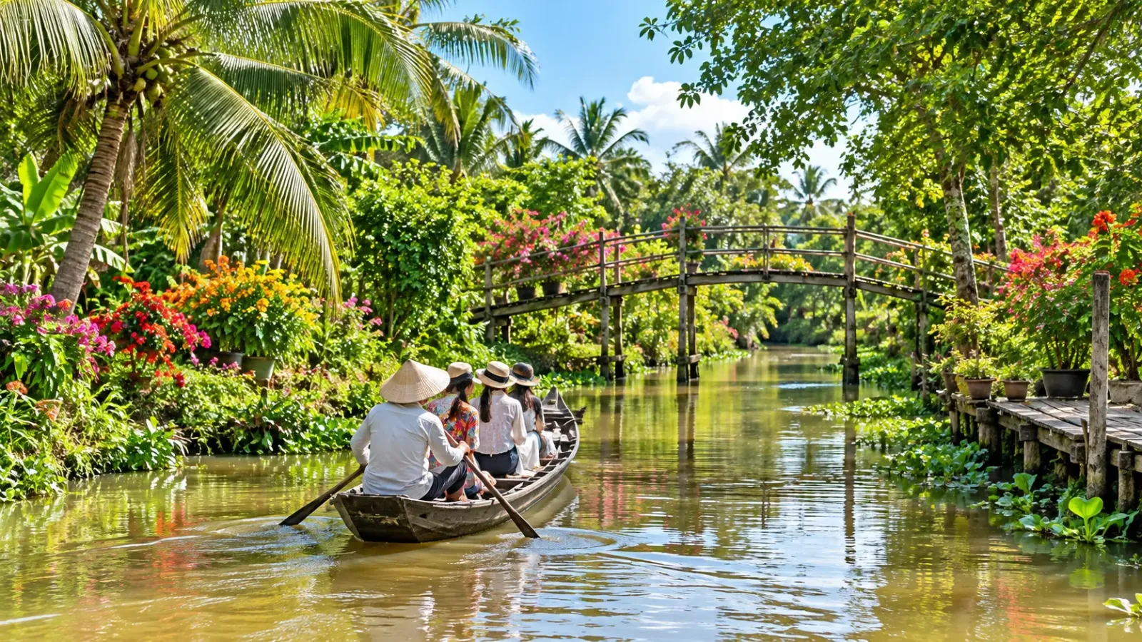 Những chiếc xuồng chở du khách trên dòng kênh nhỏ có nhiều cây xanh và cầu gỗ ven bờ