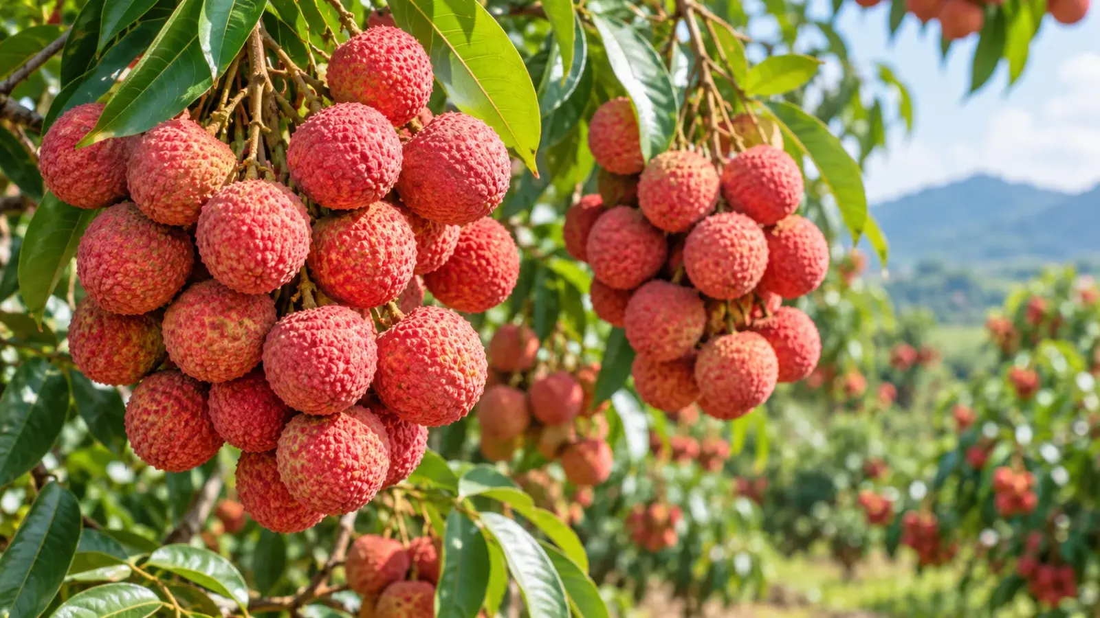 Những chùm vải thiều chín đỏ trên cây với lớp vỏ sần đặc trưng và lá xanh bao quanh, minh họa đặc sản vải thiều Lục Ngạn.
