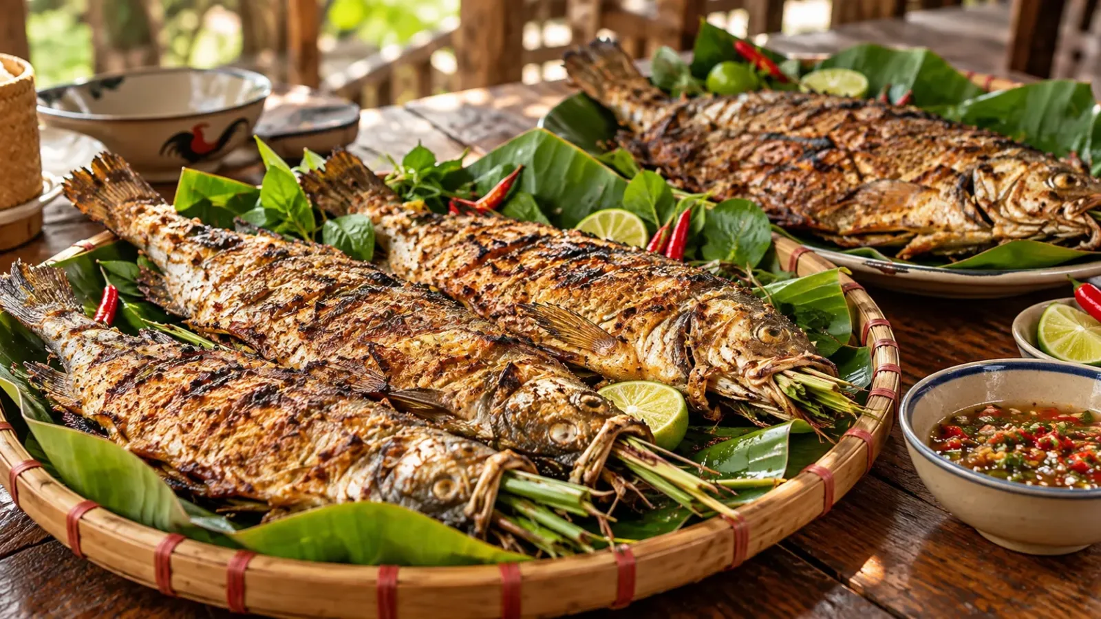 Những con cá nướng nguyên con được bày trên đĩa lót lá xanh