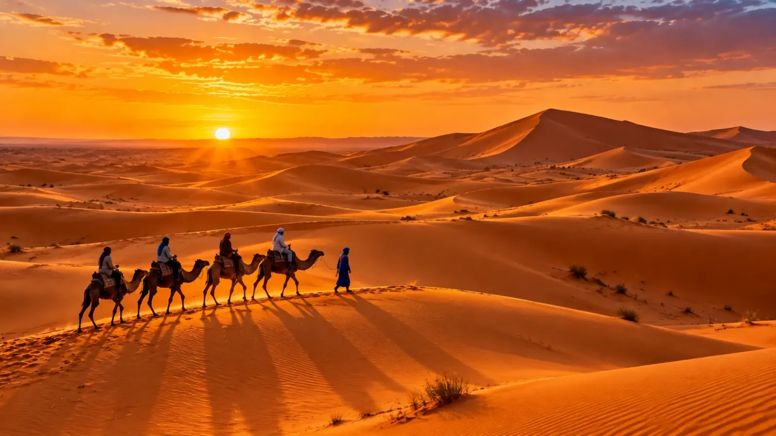 Những cồn cát Erg Chebbi gần Merzouga trong ánh hoàng hôn tại Maroc