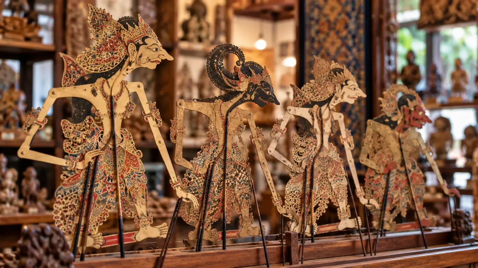 Những con rối bóng Wayang Kulit truyền thống với hình dáng phẳng và hoa văn trang trí tinh xảo