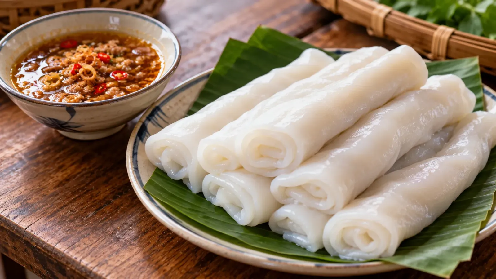 Những cuộn bánh gật gù Tiên Yên bằng bột gạo ăn cùng bát nước chấm