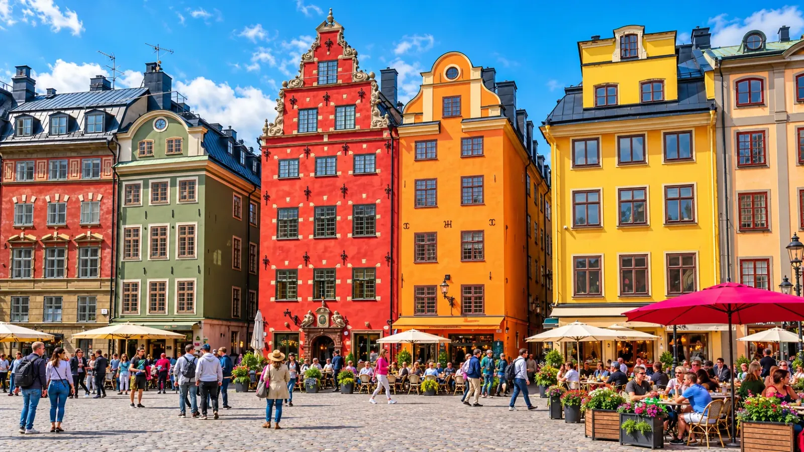 Những dãy nhà cổ nhiều màu sắc tại khu phố Gamla Stan ở Stockholm Thụy Điển.