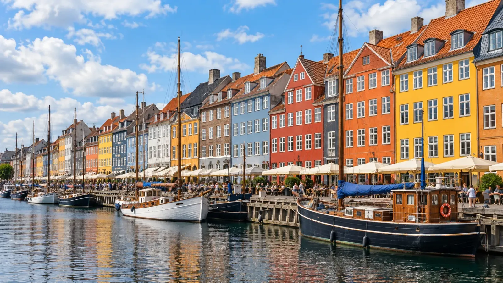 Những dãy nhà nhiều màu sắc và thuyền neo đậu dọc kênh Nyhavn tại Copenhagen, Đan Mạch