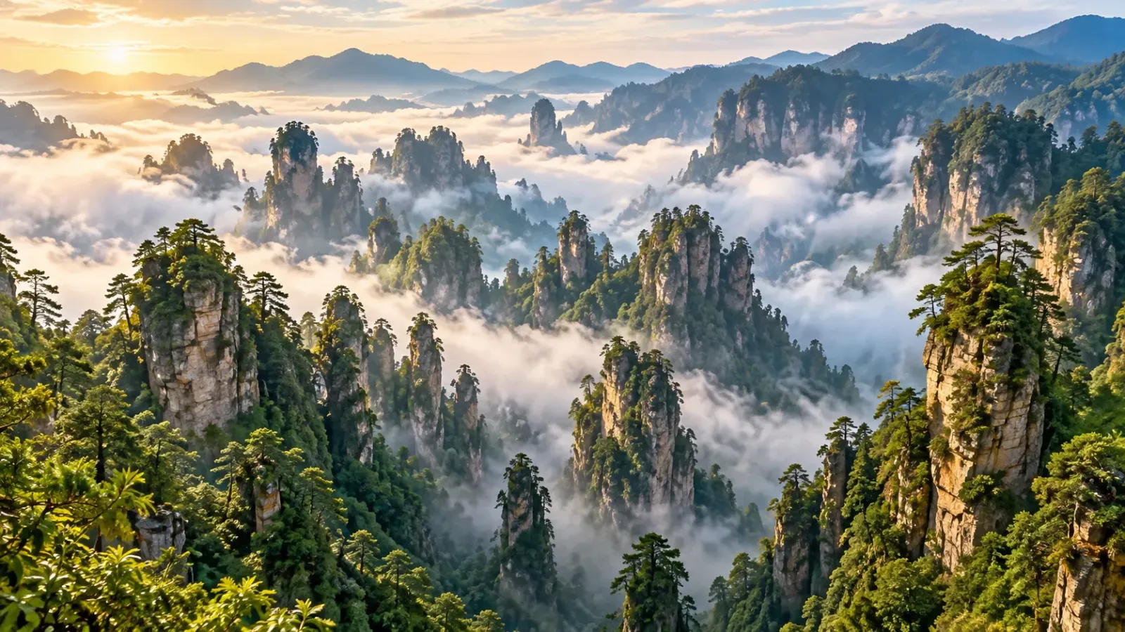 Những đỉnh núi đá nhô lên giữa biển mây nhìn từ điểm ngắm cảnh tại Trương Gia Giới