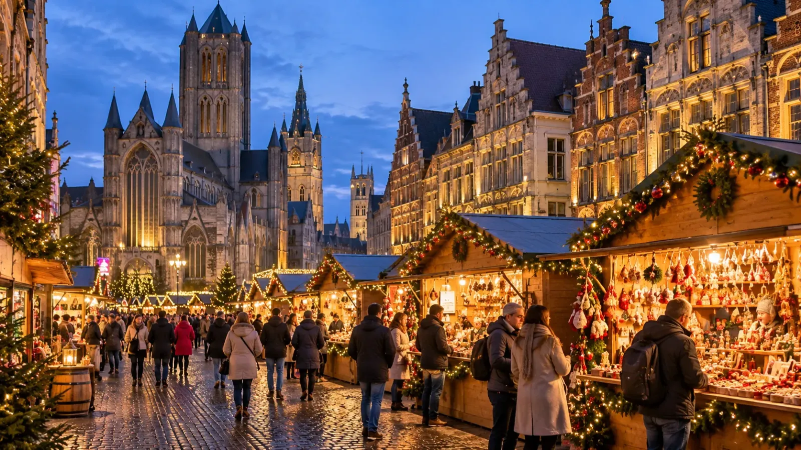 Những gian hàng chợ Giáng sinh giữa các công trình lịch sử tại trung tâm Ghent, Bỉ.
