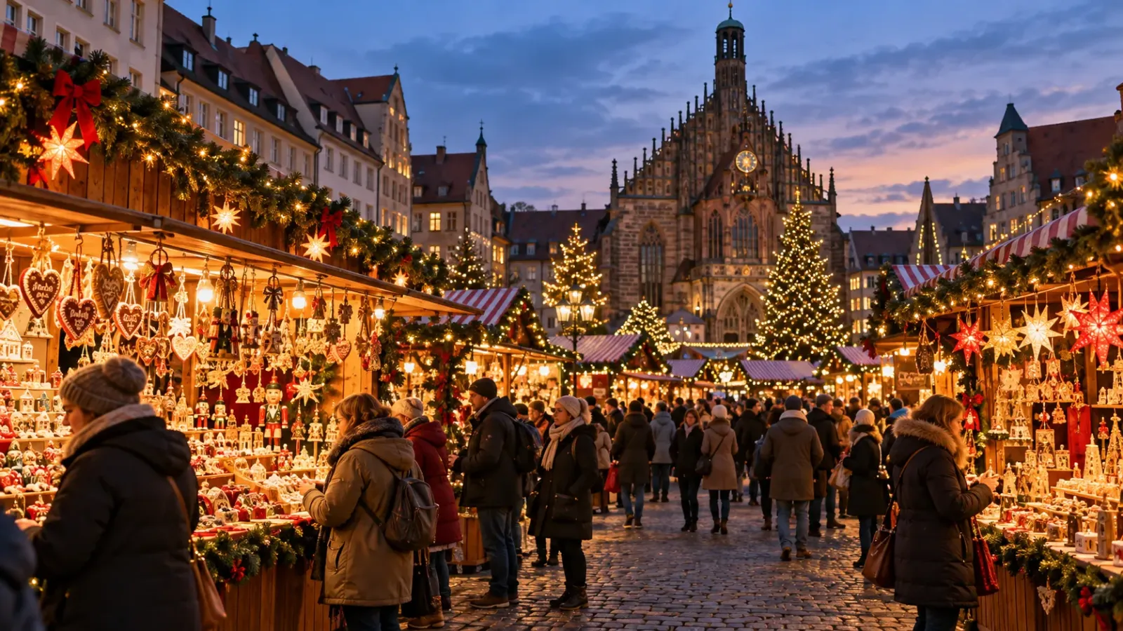 Những gian hàng gỗ trang trí Giáng sinh tại khu chợ Christkindlesmarkt ở Nuremberg Đức