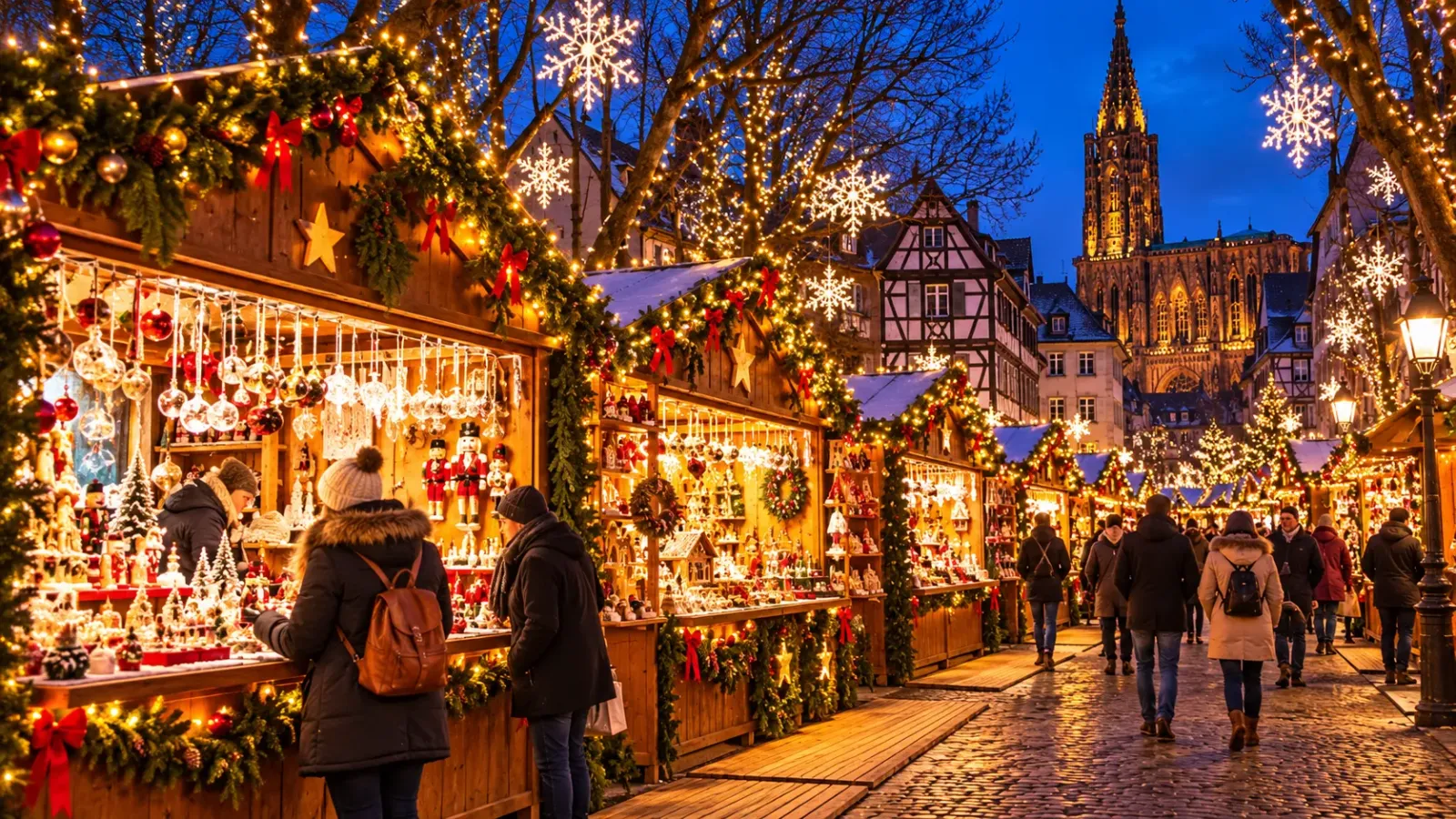 Những gian hàng gỗ và đèn trang trí tại chợ Giáng sinh Strasbourg ở Pháp