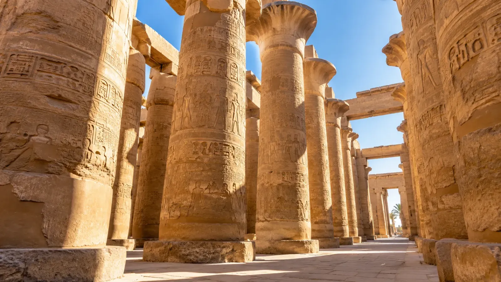 Những hàng cột đá sa thạch khổng lồ trong Đại sảnh Hypostyle thuộc quần thể đền Karnak tại Luxor, Ai Cập.