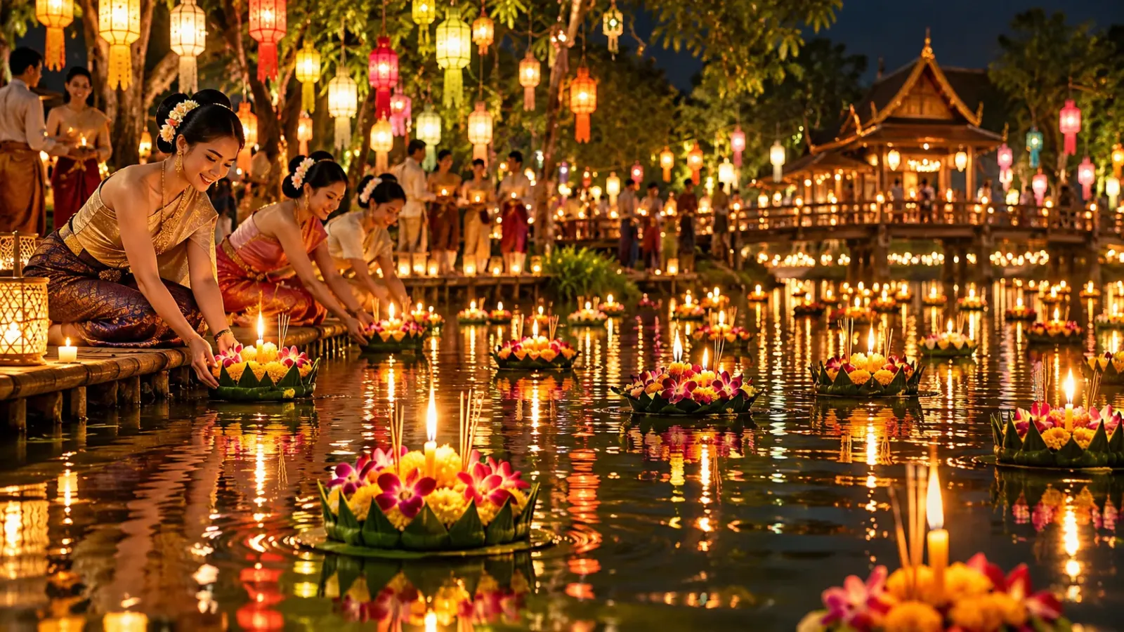 Những hoa đăng trang trí bằng hoa và nến được thả trên mặt nước trong lễ hội Loy Krathong tại Thái Lan.
