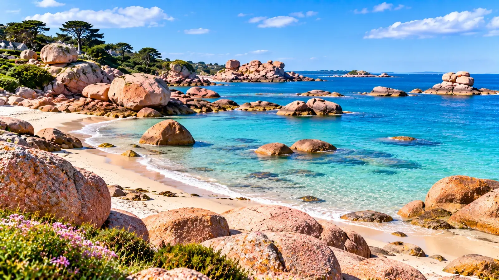 Những khối đá granite hồng nổi bật trên bãi biển Coz-Pors tại Trégastel Brittany