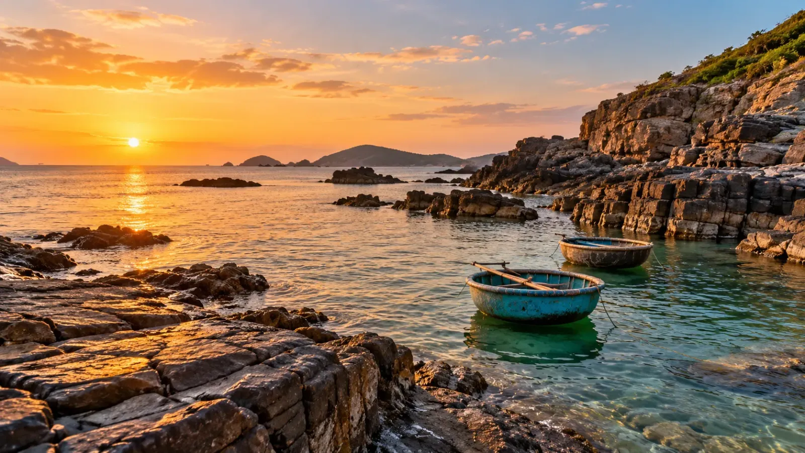 Những khối đá ven biển xếp tầng bên mặt nước, phía trước có thuyền thúng dưới ánh chiều