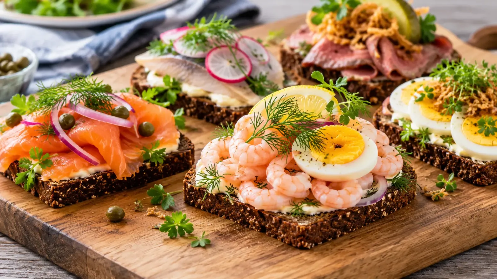 Những lát bánh mì mở Smørrebrød Đan Mạch với tôm, trứng, cá và rau trang trí trên nền bánh mì đen.