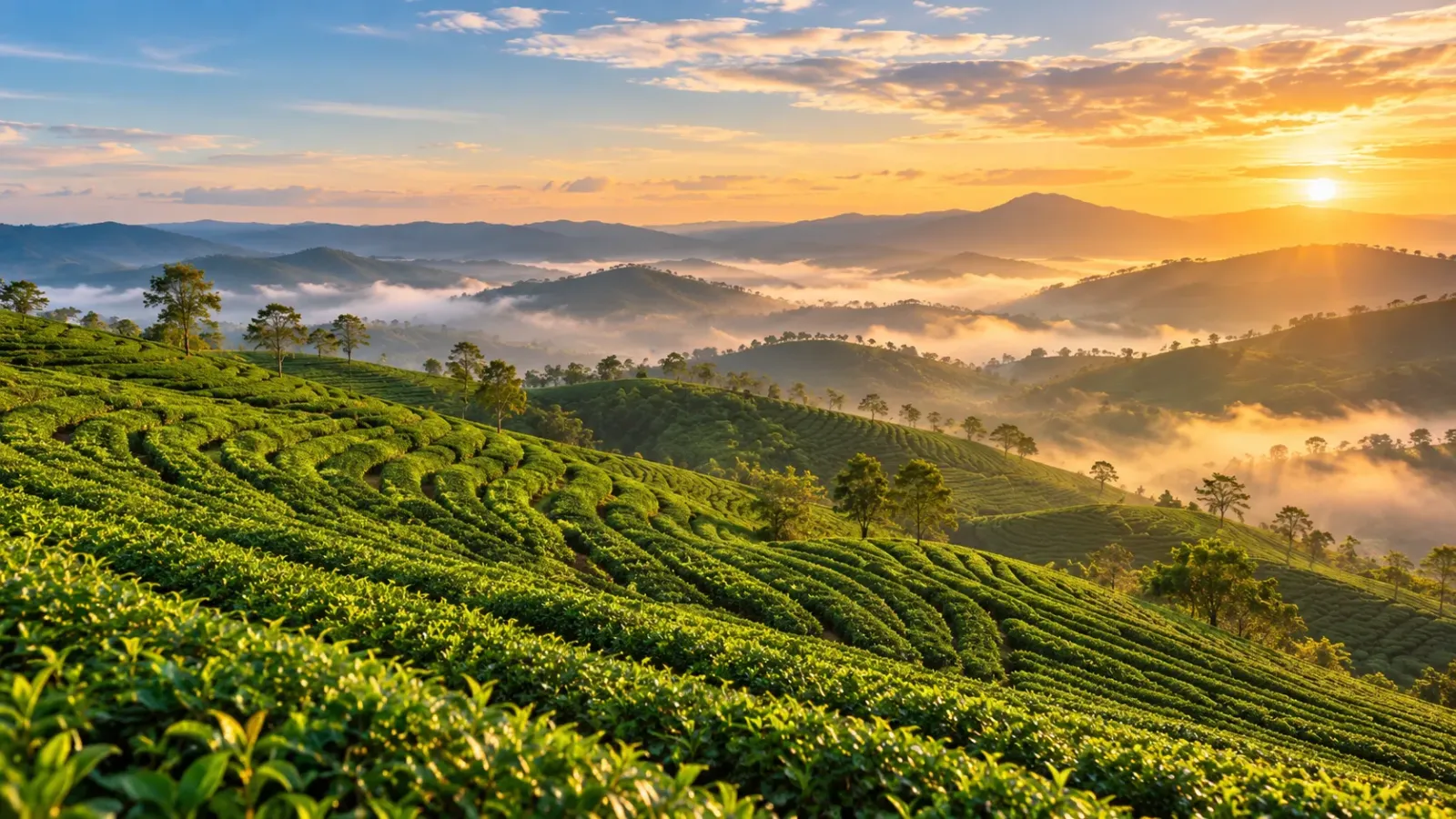 Những luống chè xanh trải dài trên các sườn đồi tại vùng Cầu Đất Đà Lạt