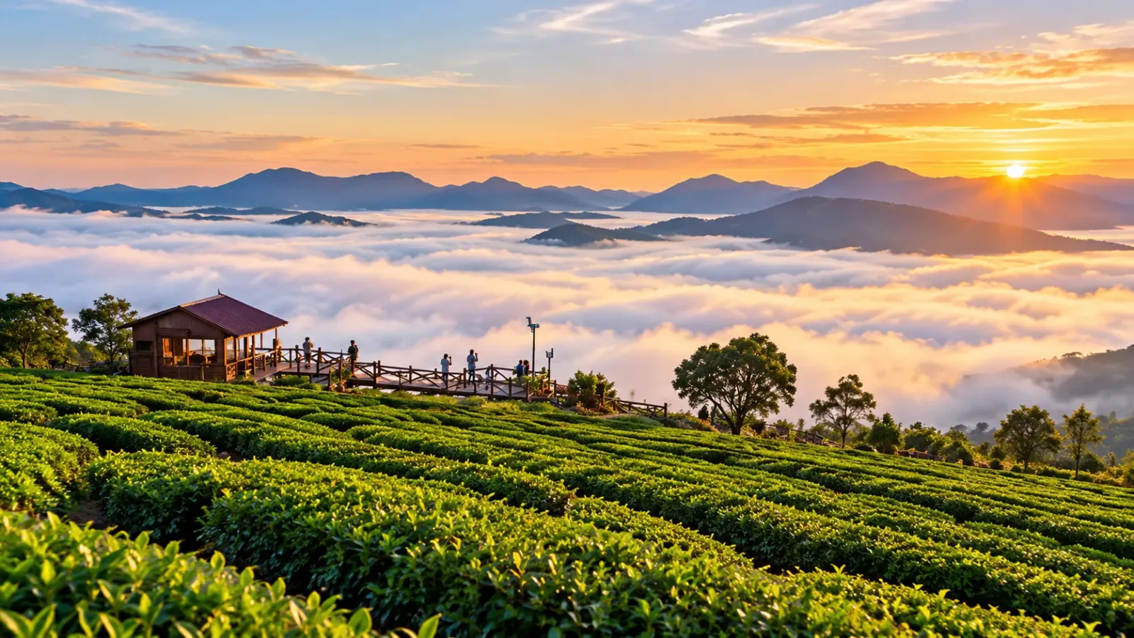 Những luống chè xanh trải dài trên sườn đồi tại khu vực Cầu Đất Đà Lạt