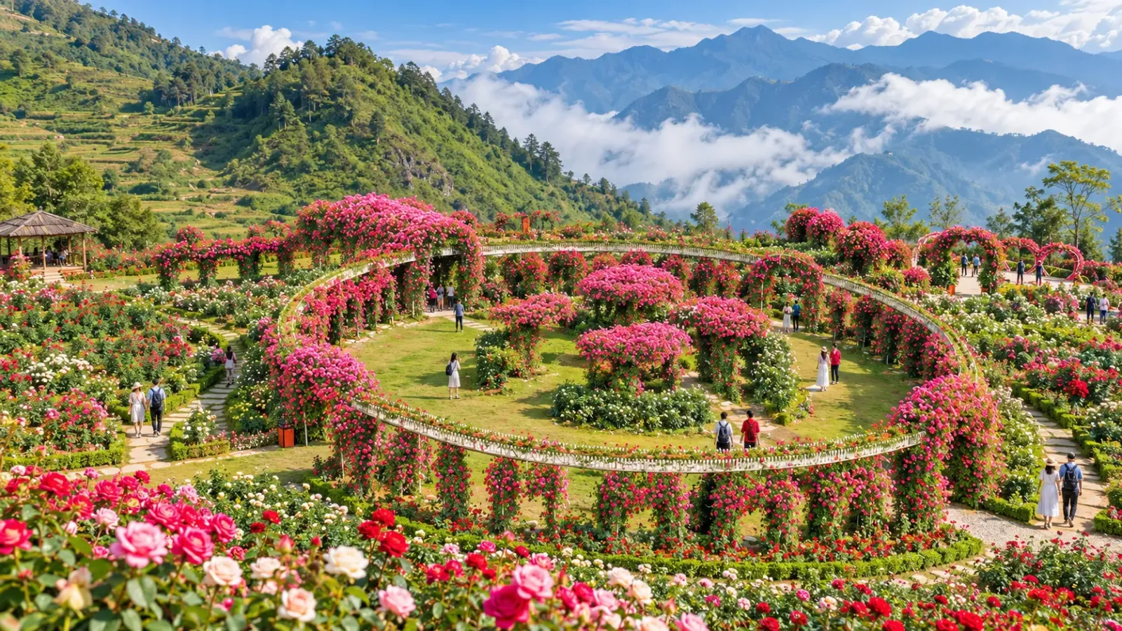 Những luống hoa hồng và lối đi trong thung lũng hoa hồng thuộc khu vực Fansipan Sa Pa