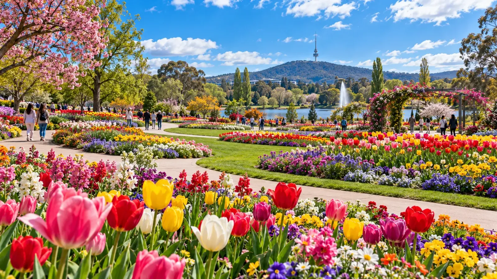Những luống hoa nhiều màu sắc trong không gian lễ hội mùa xuân tại Canberra, ảnh minh họa