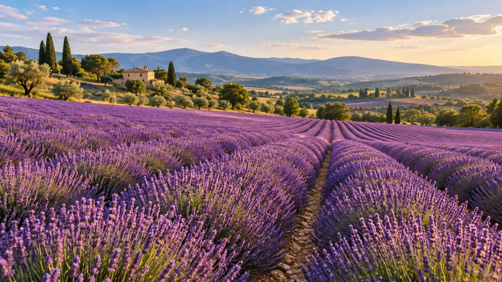 Những luống hoa oải hương màu tím trải dài trên cánh đồng tại vùng Provence, miền Nam nước Pháp