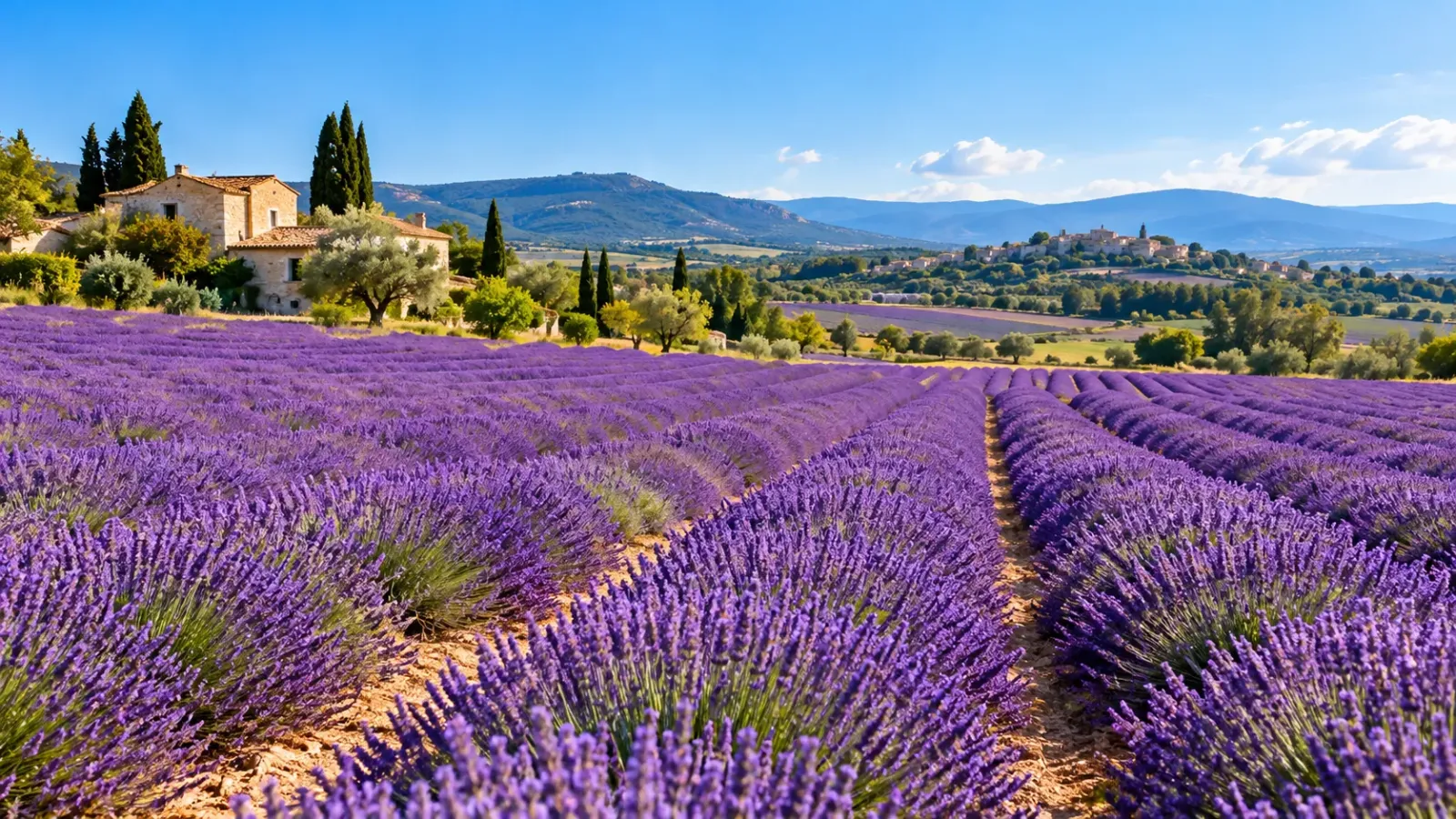 Những luống hoa oải hương tím trải dài trên cánh đồng ở Provence vào mùa hè.
