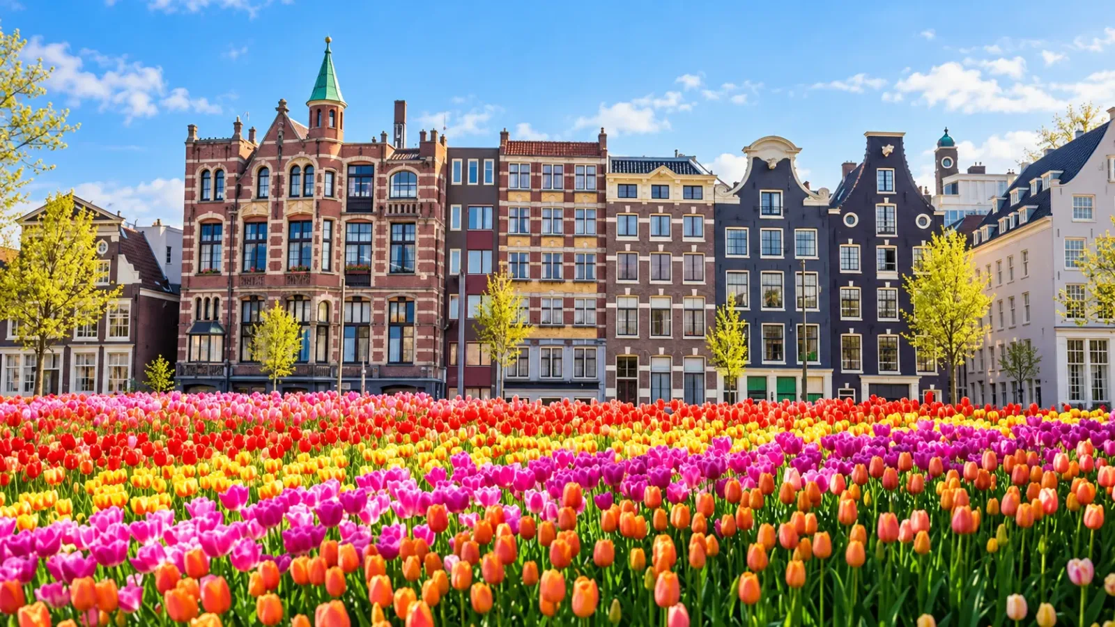 Những luống hoa tulip nhiều màu trong khu vườn mùa xuân tại Hà Lan.