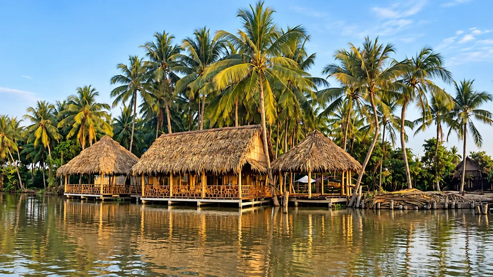 Những mái nhà lá và cảnh quan ven sông tại khu du lịch sinh thái Làng Bè