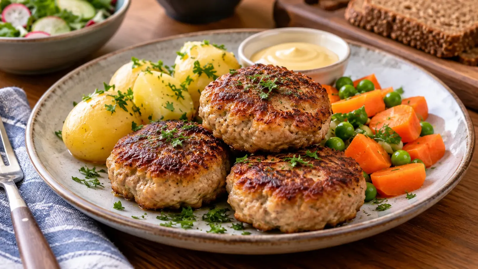 Những miếng thịt viên Frikadeller Đan Mạch hình hơi dẹt, áp chảo vàng nâu, ăn cùng khoai tây và rau củ.