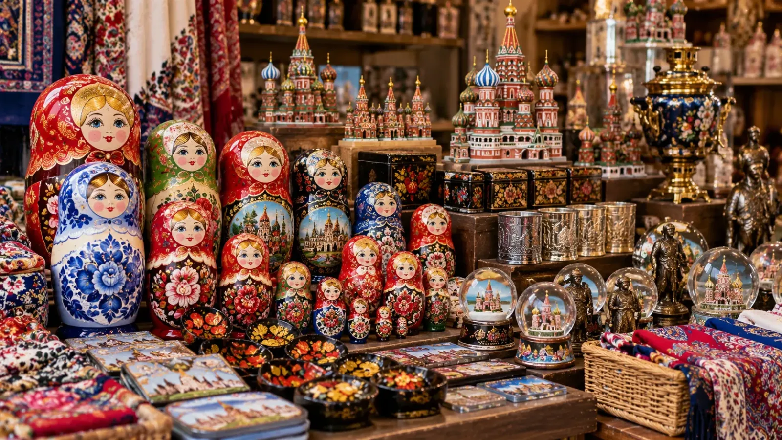 Những món quà lưu niệm Nga gồm búp bê Matryoshka, đồ thủ công trang trí và các sản phẩm quà tặng truyền thống