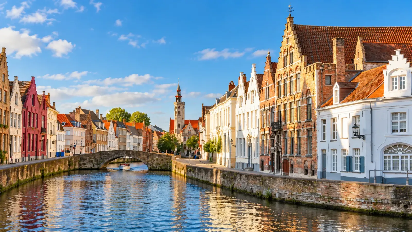 Những ngôi nhà cổ và tháp chuông Belfry bên kênh đào tại thành phố Bruges của Bỉ.
