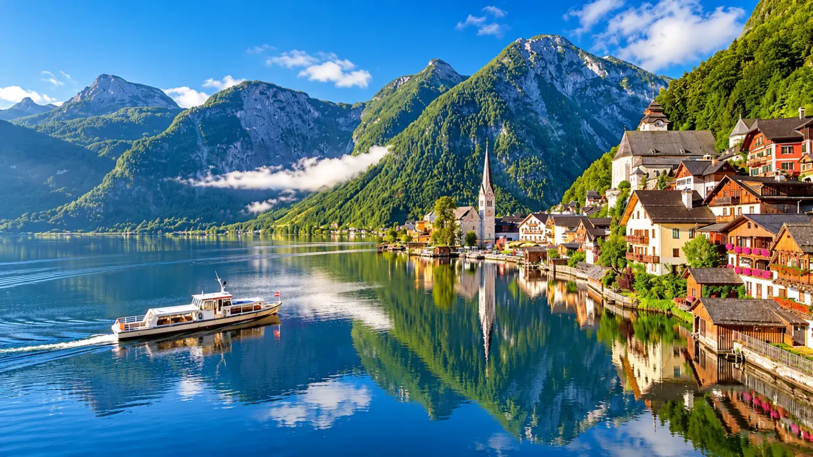 Những ngôi nhà cổ ven hồ tại thị trấn Hallstatt ở nước Áo, phía sau là núi non xanh biếc.