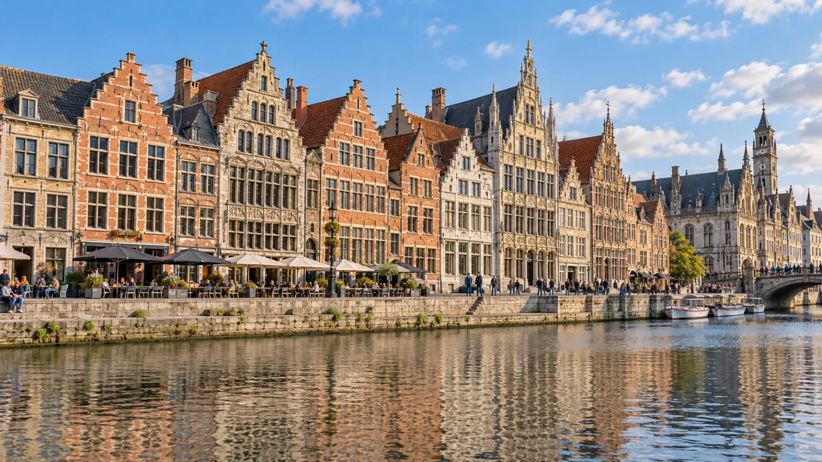 Những ngôi nhà cổ ven sông Leie tại khu Graslei ở Ghent, Bỉ.
