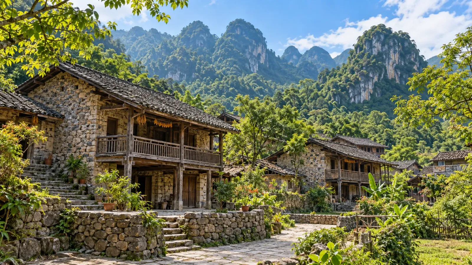 Những ngôi nhà đá truyền thống tại làng cổ Khuổi Ky Cao Bằng giữa cảnh quan núi đá và cây xanh