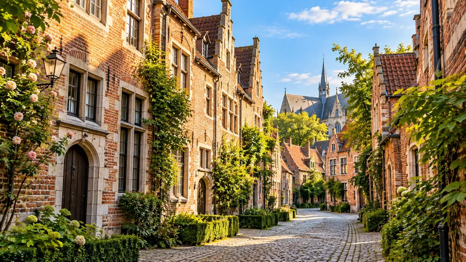 Những ngôi nhà gạch và con đường lát đá tại khu di sản Great Beguinage ở Leuven nước Bỉ