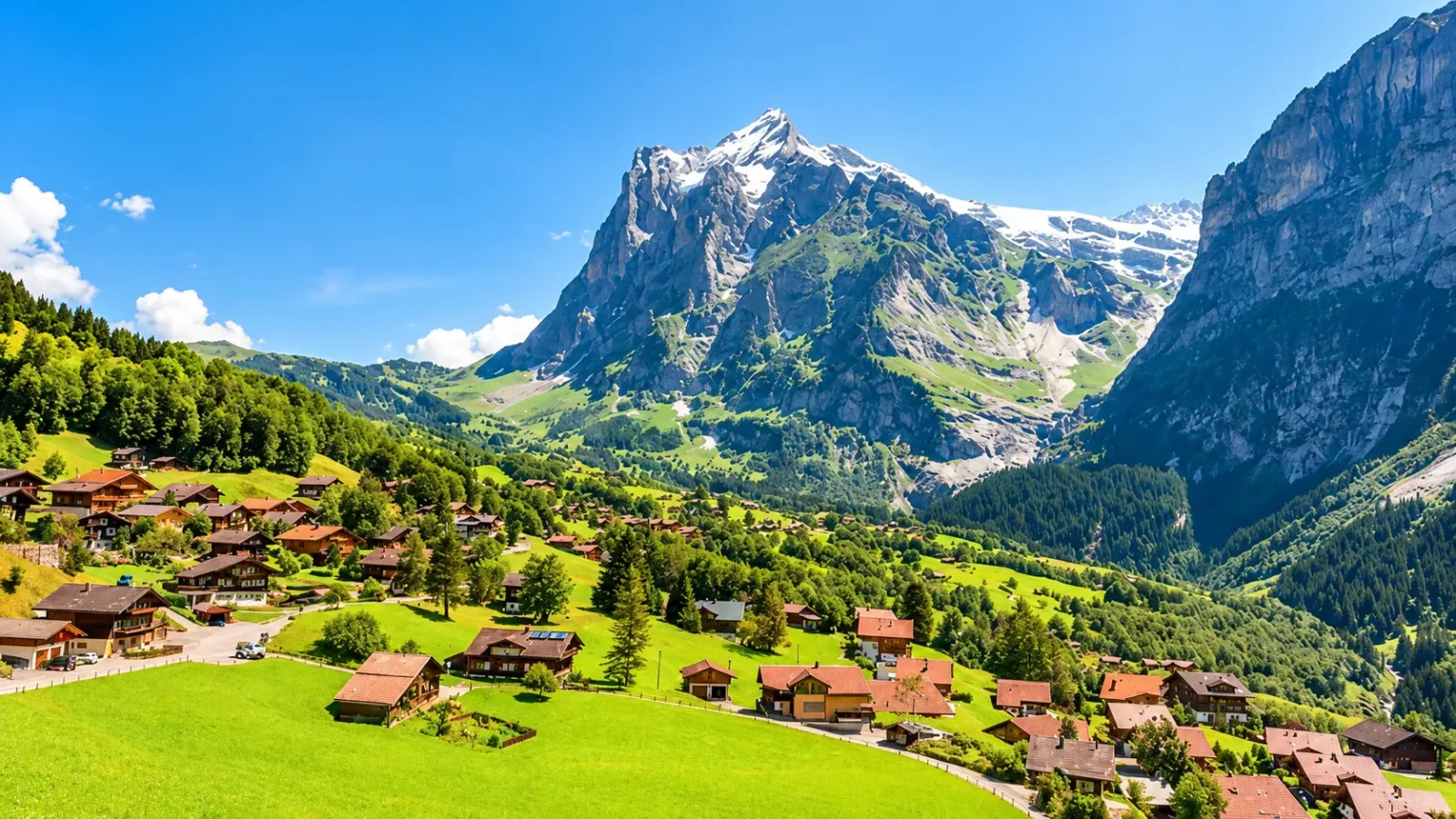 Những ngôi nhà gỗ tại làng Grindelwald với đồng cỏ xanh và núi Alps ở phía sau