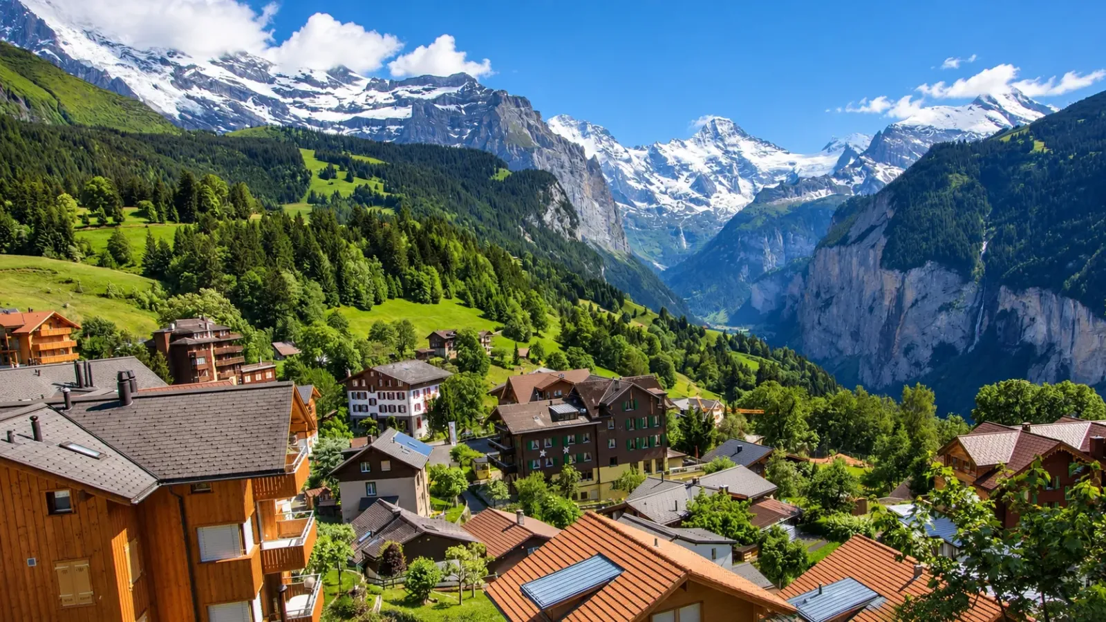 Những ngôi nhà gỗ tại làng Wengen trên sườn núi nhìn xuống thung lũng Lauterbrunnen