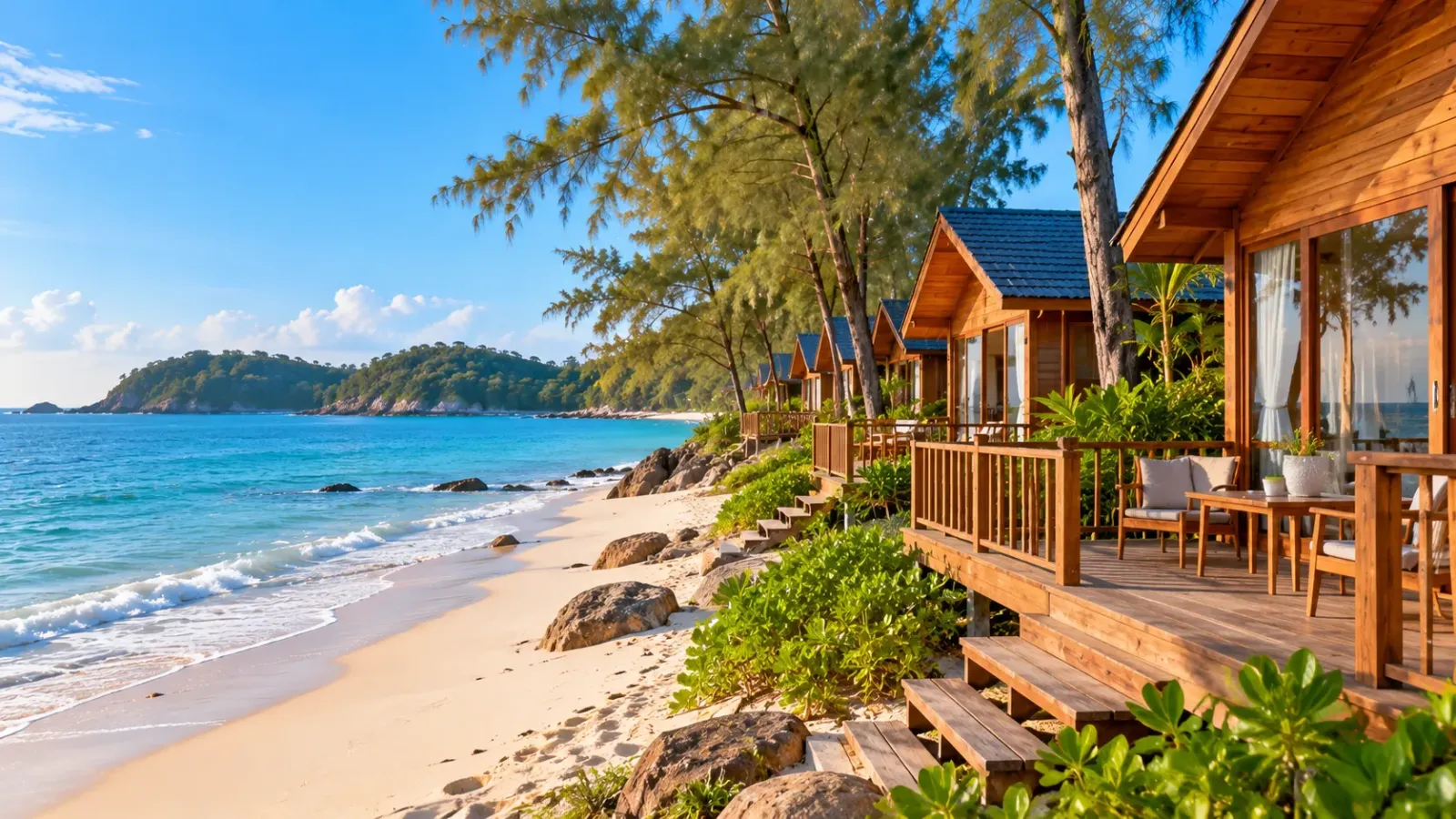 Những ngôi nhà gỗ trong khung cảnh ven biển Hồng Vàn trên đảo Cô Tô