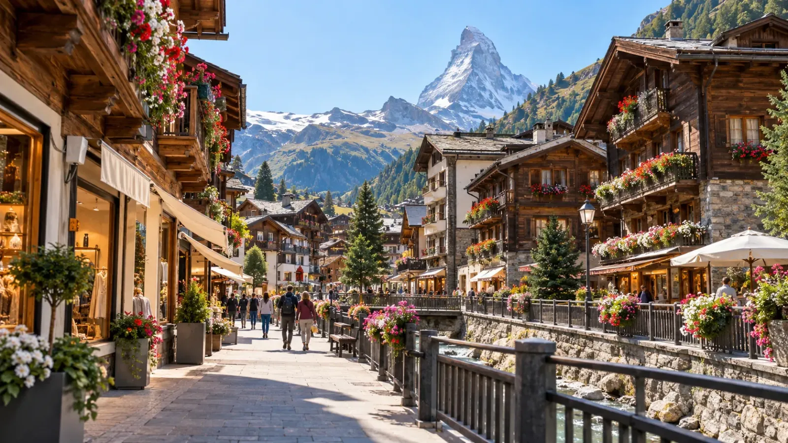 Những ngôi nhà gỗ và đường phố tại thị trấn Zermatt trong vùng núi Alps Thụy Sĩ