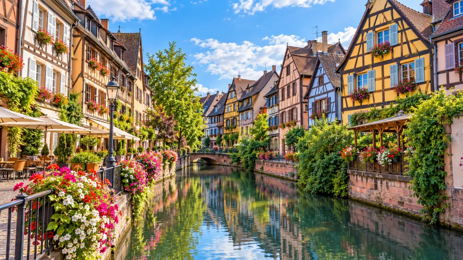 Những ngôi nhà khung gỗ nhiều màu sắc bên kênh nước trong khu phố cổ Colmar thuộc vùng Alsace, Pháp