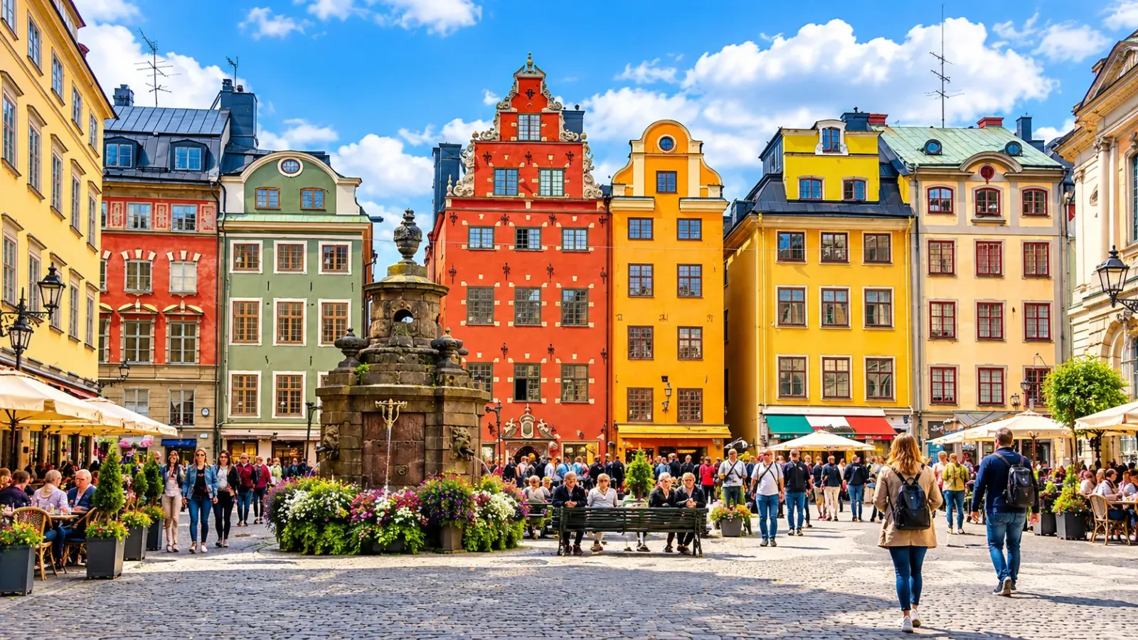 Những ngôi nhà nhiều màu và con đường lát đá trong khu phố cổ Gamla Stan tại Stockholm.