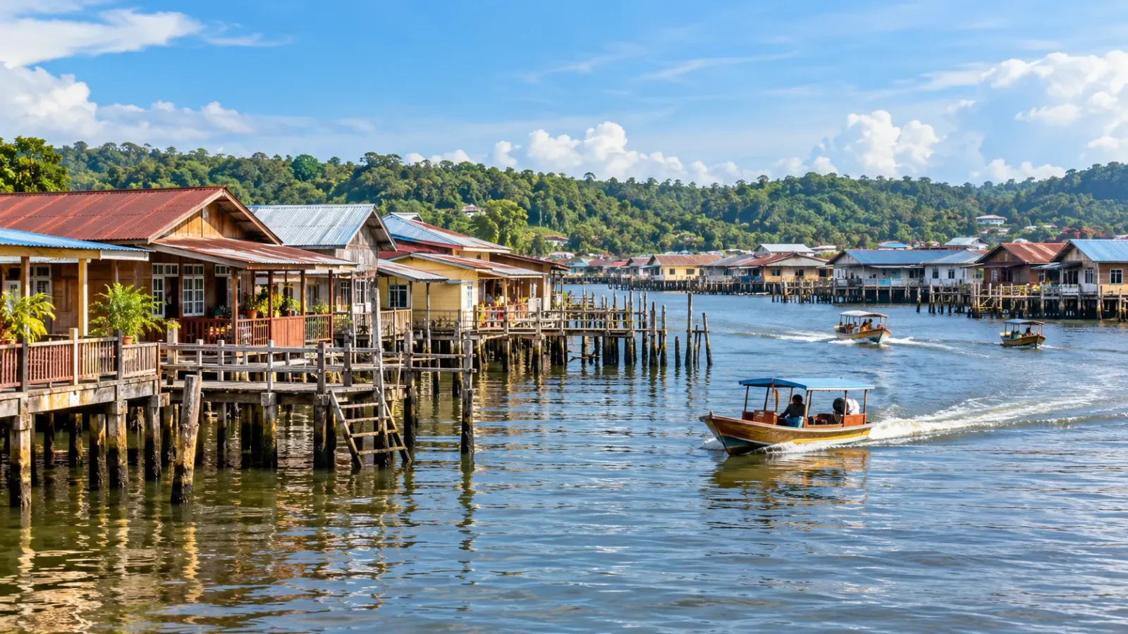 Những ngôi nhà sàn và thuyền di chuyển trên sông tại làng nổi Kampong Ayer Brunei