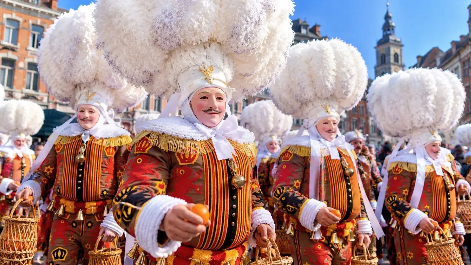 Những nhân vật Gilles đeo mặt nạ sáp và mặc trang phục truyền thống tại Carnaval Binche.