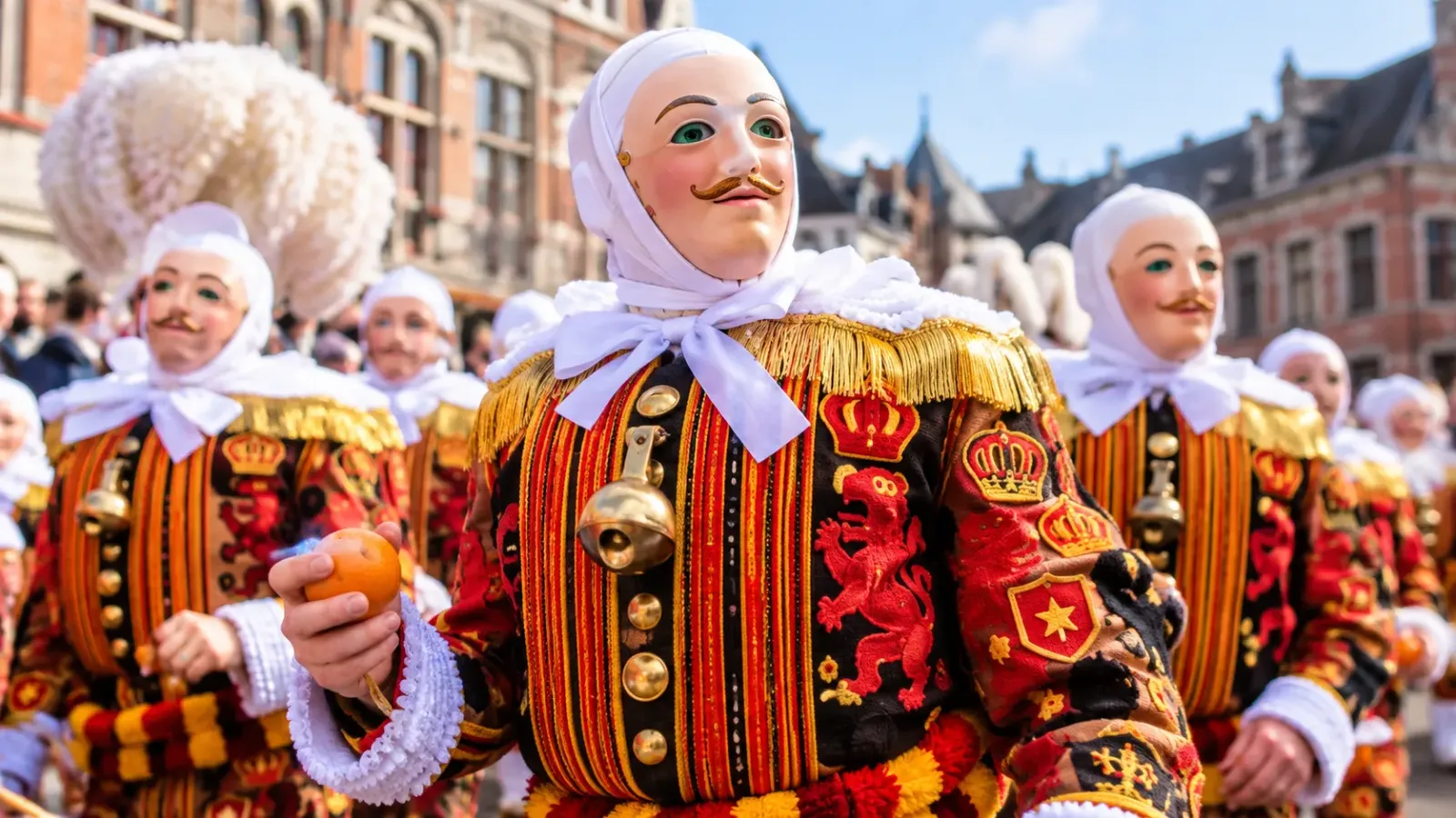Những nhân vật Gilles mặc trang phục truyền thống màu đỏ vàng đen trong lễ hội Carnaval de Binche tại Bỉ.
